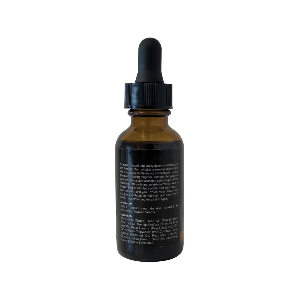 Luminara Rose Gold Rosehip Facial Oil, back label with ingredients