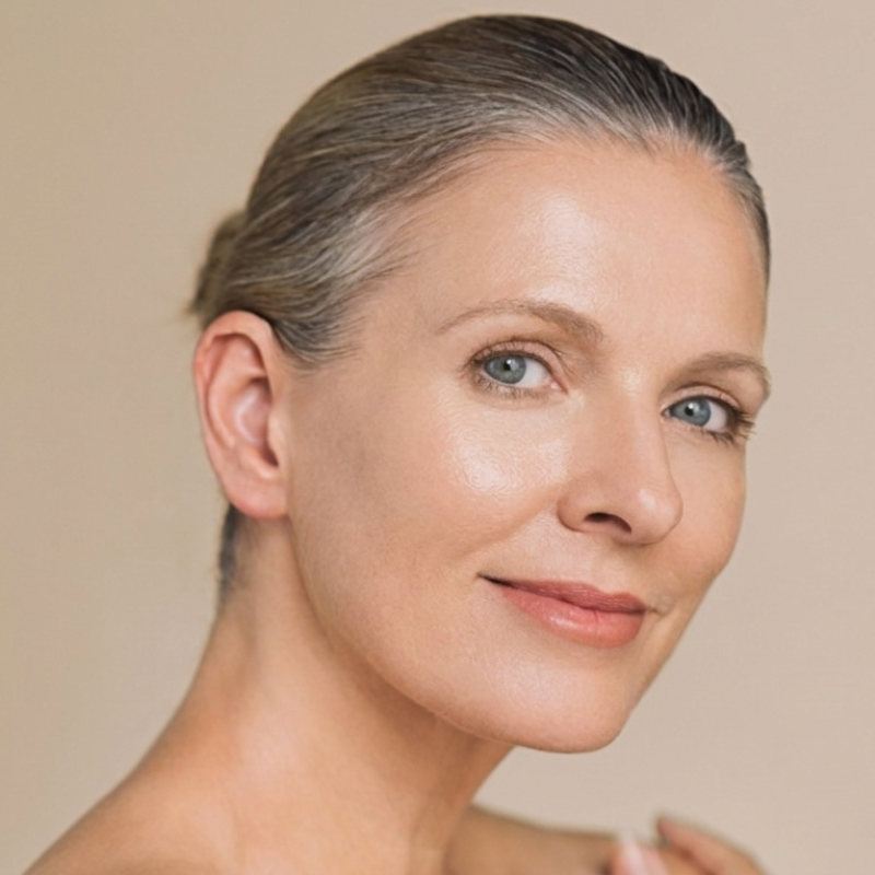 A smiling woman with her chin in her hand