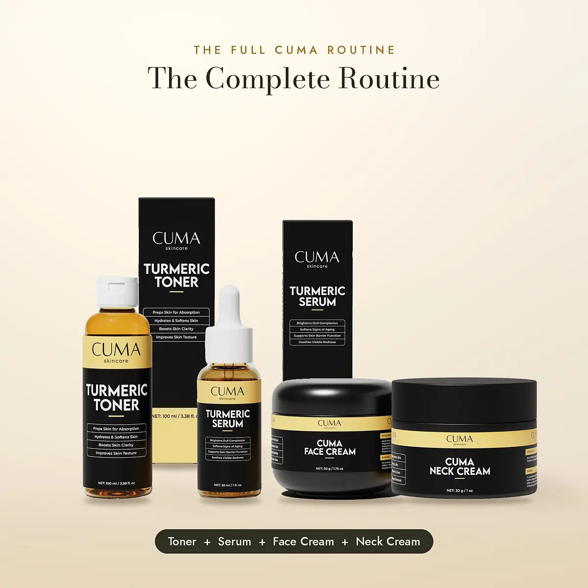 The Complete Routine: CUMA Turmeric Toner, Turmeric Serum, Face Cream and Neck Cream