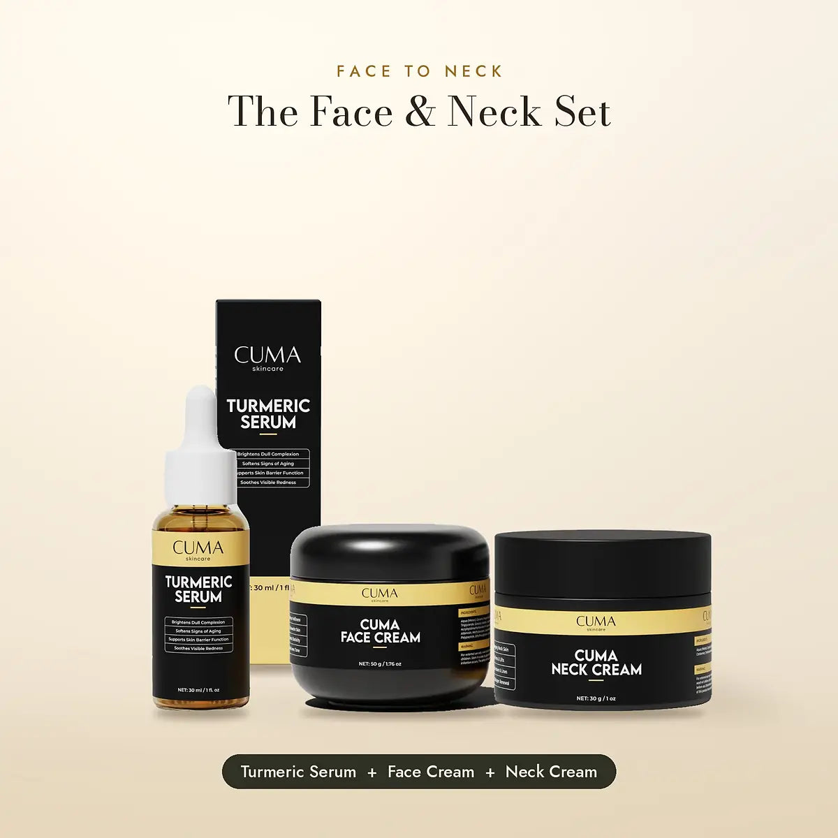 The Face & Neck Set: CUMA Turmeric Serum, Face Cream and Neck Cream
